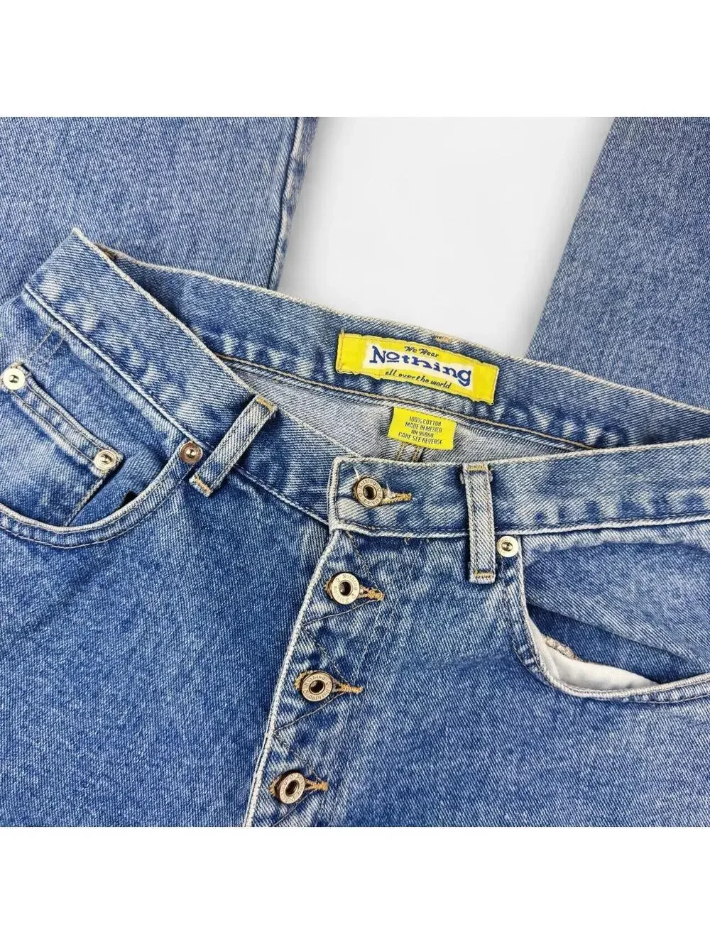 Vintage 90s Light Wash Button Fly High Rise Straight Jeans in Blue